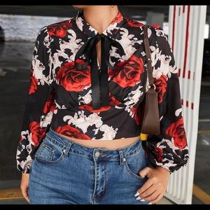 Floral Print Tie Neck Blouse NWOT